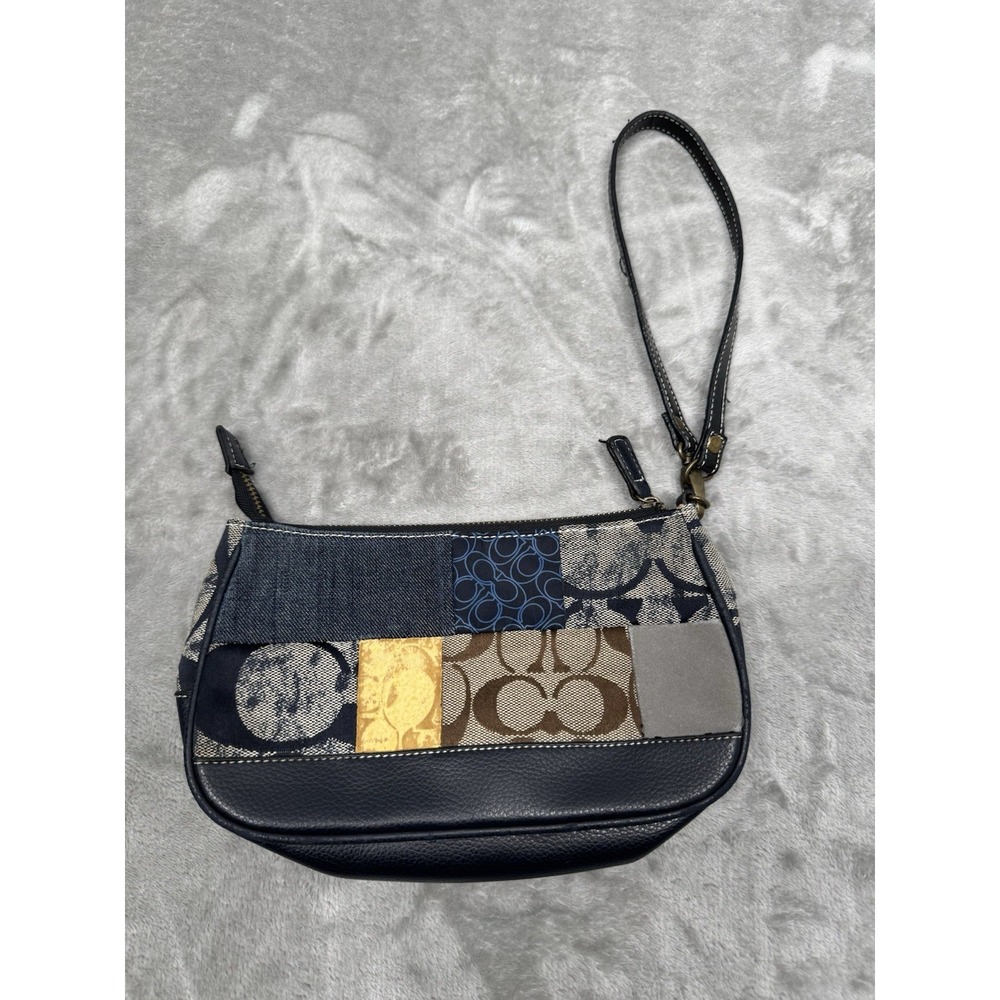 Vintage Coach Patchwork Zip Wristlet Bag Navy Blue Gold Brown Purse Coin Wallet